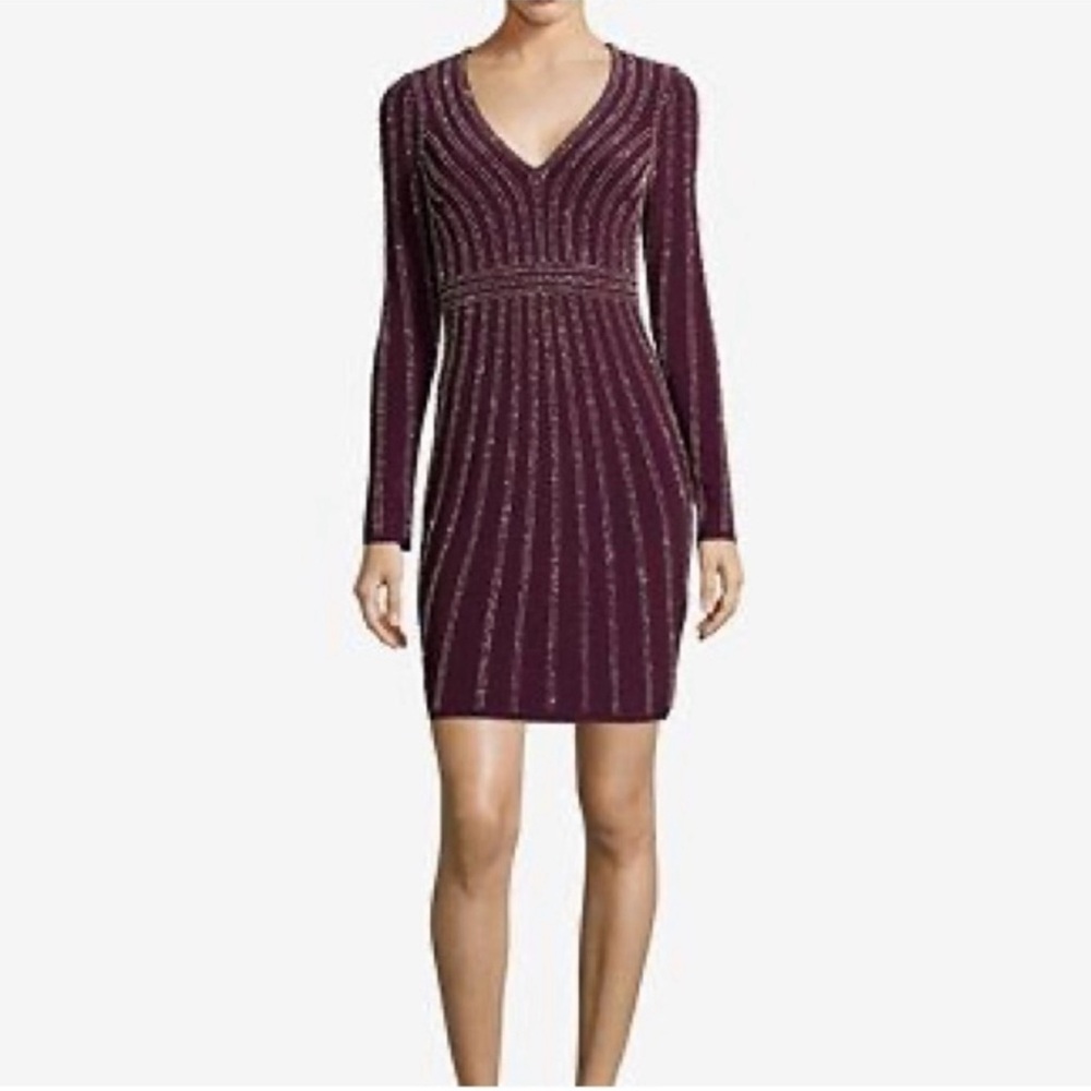 Xscape Red and Silver Long Sleeve Bodycon Dress